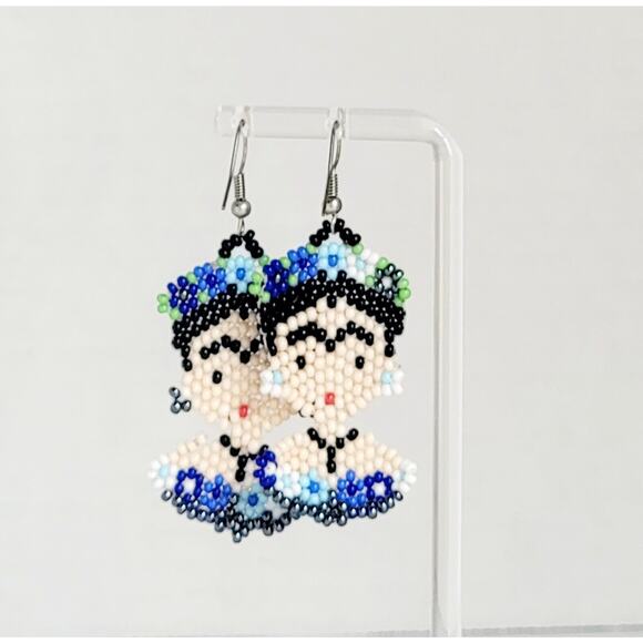 Frida Kahlo Face Handmade Earring Beads Huichol Mexican Icon FREE SHIPPING - Picture 3 of 5